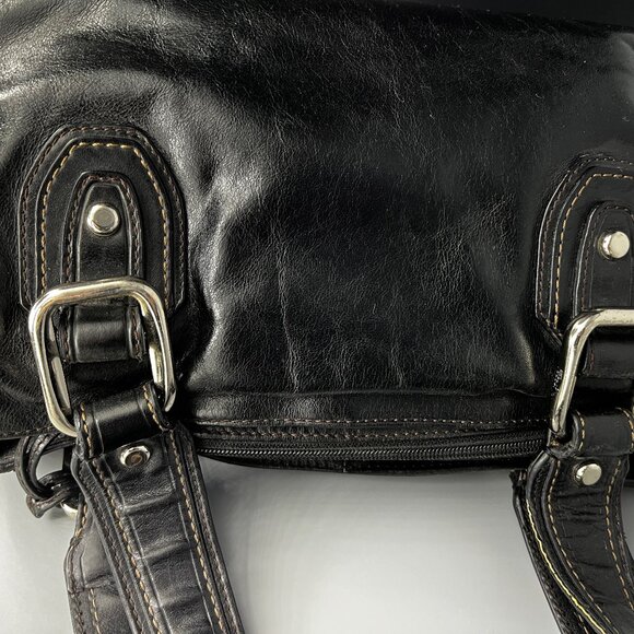 VINTAGE FOSSIL SOFT BLACK LEATHER SHOULDER/HANDBAG SATCHEL SILVER TONE HARDWARE - Picture 2 of 7